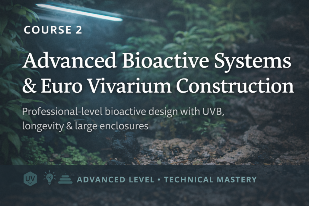 Advanced bioactive vivarium construction course banner showing a structured Euro-style enclosure with layered planting, ventilation, lighting, and drainage design.